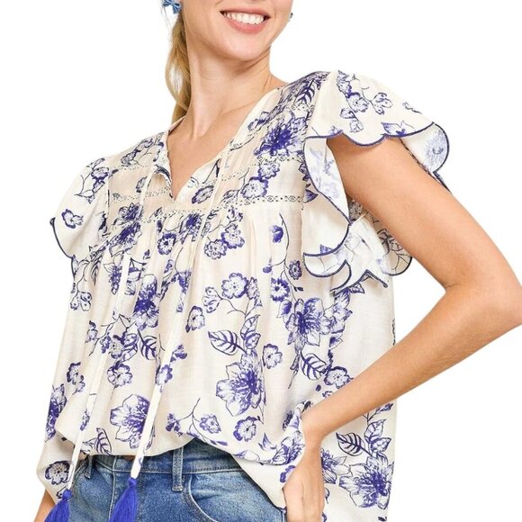 Blue and White Floral Blouse Spring Blouse Work Top Workwear - Picture 2 of 3